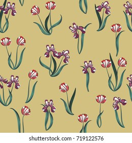 Seamless retro 1940s pattern in flowers of cute tulips, irises. Vintage floral background for textile, wallpaper, pattern fills, covers, surface, print, wrap, scrapbooking, decoupage.  Trendy colors