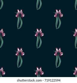 Seamless retro 1940s pattern in flowers of cute irises. Vintage floral background for textile, wallpaper, covers, surface, print, gift wrap, scrapbooking, decoupage. Trendy colors 2018, 2019.
