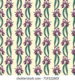 Seamless retro 1940s pattern in flowers of cute irises. Vintage floral background for textile, wallpaper, covers, surface, print, gift wrap, scrapbooking, decoupage. Trendy colors 2018, 2019.