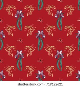 Seamless retro 1940s pattern in flowers of cute irises, butterfly. Vintage floral background for textile, wallpaper, covers, surface, print, gift wrap, scrapbooking, decoupage. Trendy colors 2018.