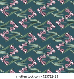 Seamless retro 1940s pattern in flowers of cute irises. Vintage floral background for textile, wallpaper, pattern fills, covers, surface, print, wrap, scrapbooking, decoupage. Modern trendy colors.