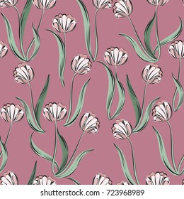 Seamless retro 1940s pattern in flowers of cute tulips. Vintage floral background for textile, wallpaper, pattern fills, covers, surface, print, wrap, scrapbooking, decoupage. Trendy colors.