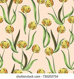 Seamless retro 1940s pattern in flowers of cute tulips. Vintage floral background for textile, wallpaper, pattern fills, covers, surface, print, gift wrap, scrapbooking, decoupage.