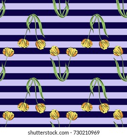 Seamless retro 1940s pattern in flowers of cute tulips. Vintage floral striped background for textile, wallpaper, pattern fills, covers, surface, print, gift wrap, scrapbooking, decoupage.