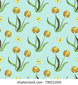 Seamless retro 1940s pattern in flowers of cute tulips. Vintage floral background for textile, wallpaper, pattern fills, covers, surface, print, gift wrap, scrapbooking, decoupage.