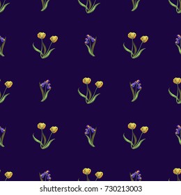 Seamless retro 1940s pattern in flowers of cute tulips, irises. Vintage floral background for textile, wallpaper, pattern fills, covers, surface, print, gift wrap, scrapbooking, decoupage.