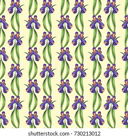 Seamless retro 1940s pattern in flowers of cute irises. Vintage floral background for textile, wallpaper, pattern fills, covers, surface, print, gift wrap, scrapbooking, decoupage.