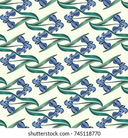 Seamless retro 1940s pattern in flowers of cute irises. Vintage floral background for textile, wallpaper, pattern fills, covers, surface, print, wrap, scrapbooking, decoupage. 