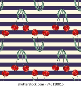 Seamless retro 1940s pattern in flowers of cute tulips. Vintage floral sea striped background for textile, wallpaper, pattern fills, covers, surface, print, gift wrap, scrapbooking, decoupage