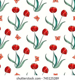 Seamless retro 1940s pattern in flowers of cute tulips, butterflies. Vintage floral background for textile, wallpaper, pattern fills, covers, surface, print, wrap, scrapbooking, decoupage. 