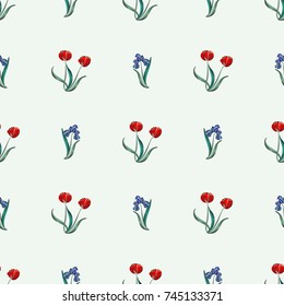 Seamless retro 1940s pattern in flowers of cute irises, tulips. Vintage floral background for textile, wallpaper, pattern fills, covers, surface, print, wrap, scrapbooking, decoupage. 