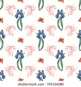 Seamless retro 1940s pattern in flowers of cute irises, butterflies. Vintage floral background for textile, wallpaper, pattern fills, covers, surface, print, wrap, scrapbooking, decoupage. 