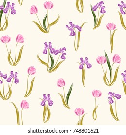 Seamless retro 1940s pattern in flowers of cute tulips, irises. Vintage floral background for textile, wallpaper, pattern fills, covers, surface, print, gift wrap, scrapbooking, decoupage.