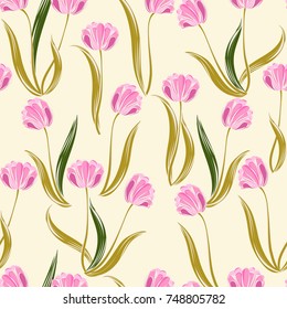 Seamless retro 1940s pattern in flowers of cute pink tulips. Vintage floral background for textile, wallpaper, pattern fills, covers, surface, print, gift wrap, scrapbooking, decoupage.
