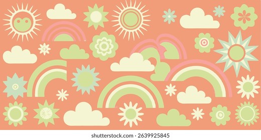 Seamless Retro 70s Style Summer Pattern with Sun, Clouds, and Rainbows A Vibrant Digital Design