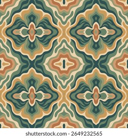 Padrão abstrato retrô contínuo com formas onduladas em camadas em tons de terra. Perfeito para papéis de parede vintage, têxteis e design de embalagem. Projeto de vetor inclinável e de alta qualidade.