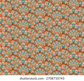 Modelo inconsútil de la concha y de la onda del art déco retro. Antiguas textura de fondo náutico con vieiras estilizadas, olas del océano y peces en verde azulado y terracota.