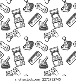 Seamless retro background with arcade game machine, old joysticks and game controllers, vintage gamepad, vector