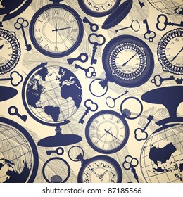 Seamless retro background with globes, keys and watches