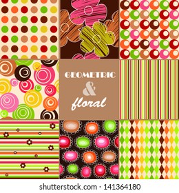 Seamless retro background - set of eight floral and geometric patterns