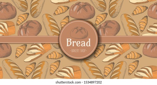 Seamless retro bakery pattern,  banners or cards. Bakery products vector illustration in sketch style