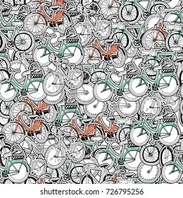 Seamless Retro Bicycle Pattern. Collage of Hand Drawn Stickers with Different Bicycles.