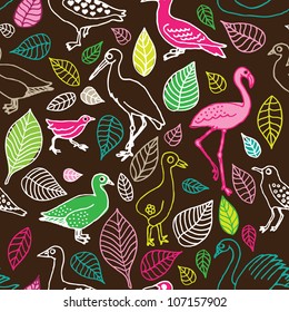 Seamless retro birds nature leaf background pattern in vector