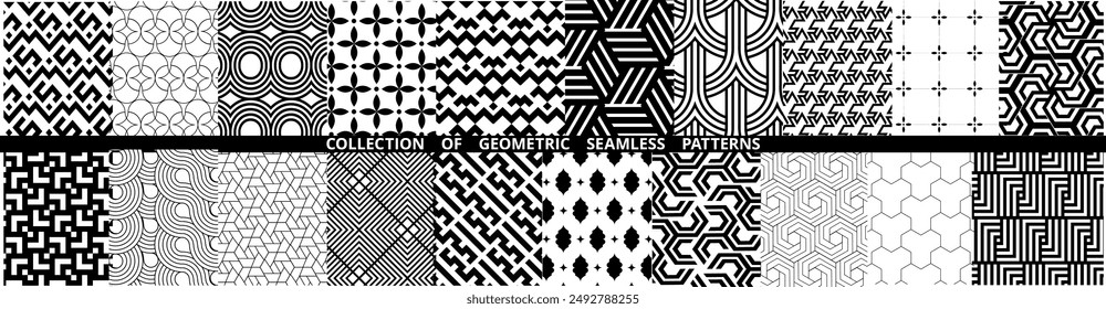 Seamless retro black and white geometric pattern background, vector abstract circle, triangle, and square lines art. Trendy bauhaus pattern backgrounds op-art set