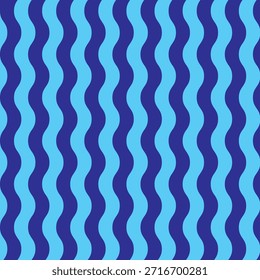 Seamless retro blue wave pattern. Vertical wavy stripes, abstract geometric optical art background, 60s–70s vintage style, navy and light blue colors.