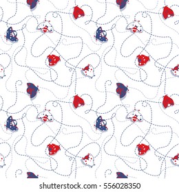 Seamless Retro Bugs Field with trails / White background / Navy and Red/Pattern saved to pattern swatches