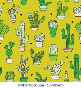 Seamless retro cactus plants for the home illustration background pattern in vector