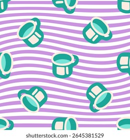 Seamless Retro Camping Mug Pattern. Seamless pattern with cartoon enamel camping mugs on wavy lilac striped background. Flat retro kitchen design in turquoise and cream tones.