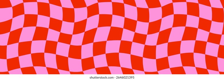 Seamless retro checker pattern background with red and pink wavy squares in groovy style. Abstract checkerboard vector for wallpaper, wrapping paper, fabric, funky prints. Drag to swatches panel