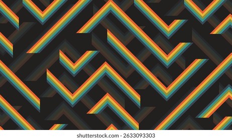 Seamless Retro Chevron Geometric Pattern with Neon Stripes on Black Background