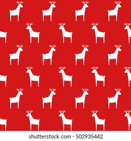Seamless retro Christmas pattern with deer. Red background. Simple vector winter holidays design for textile, wallpaper, wrapping paper, fabric, decor.