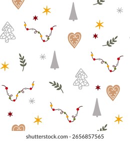 Seamless retro Christmas pattern with gingerbread, Christmas tree, snow, toys.