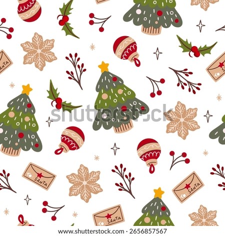Seamless retro Christmas pattern with gingerbread, Christmas tree, snow, toys.