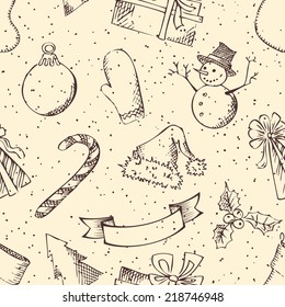 Seamless retro Christmas pattern. Pencil Christmas texture in sepia.
