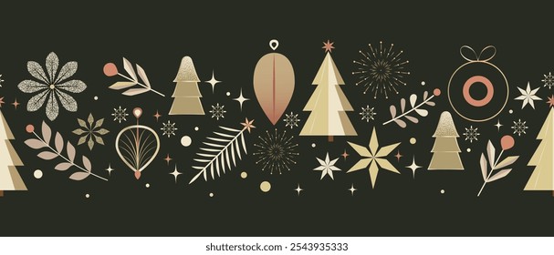 Seamless Retro Christmas Pattern with Trees, Snowflakes, Ornaments, and Floral Elements in Red and Gold on dark background
