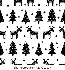 Seamless retro Christmas pattern - varied Xmas trees, reindeer, stars and snowflakes. Black and white Happy New Year background. Vector design for winter holidays.