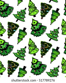 Seamless retro Christmas pattern - varied Xmas trees. Hand drawn New Year background. Vector design doodle for winter holidays.