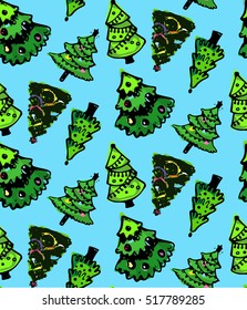 Seamless retro Christmas pattern - varied Xmas trees. Hand drawn New Year background. Vector design doodle for winter holidays.