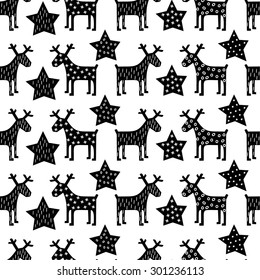 Seamless retro Christmas pattern - Xmas reindeer and night stars. Happy New Year background. black and white vector design for winter holidays.