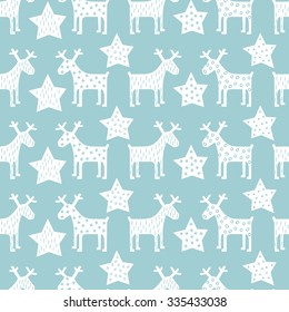 Seamless retro Christmas pattern - Xmas reindeer and night stars. Happy New Year background. Vector design for winter holidays on blue background.