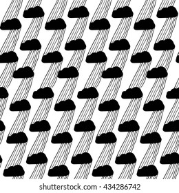 Seamless retro clouds and rain in the sky illustration blue scandinavian style background pattern in vector