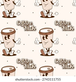 Seamless retro coffee cup pattern with cute mascot – Caffeine Kick