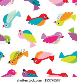 Seamless retro colorful birds illustration background pattern in vector