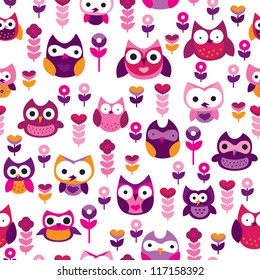 Seamless retro colourful owl bird pattern for kids in vector