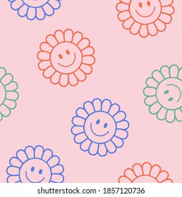 Seamless Retro Colourful Positive Flower Illustration.