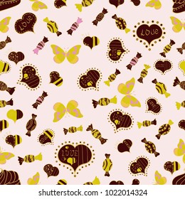 Seamless of retro comic with LOVE expression text. Cute neutral, brown and yellow colors elements. Valentine':s day print. Vector illustration. Vintage design, pop art style.